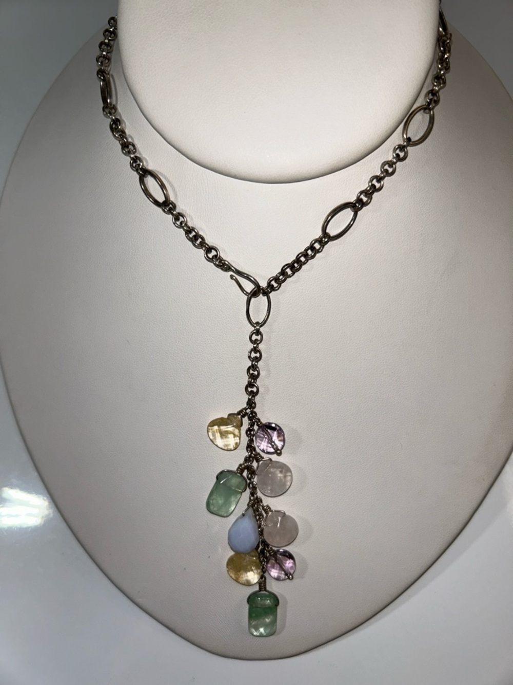 Vintage Sterling Silver Multi Gemstone Dangle Necklace